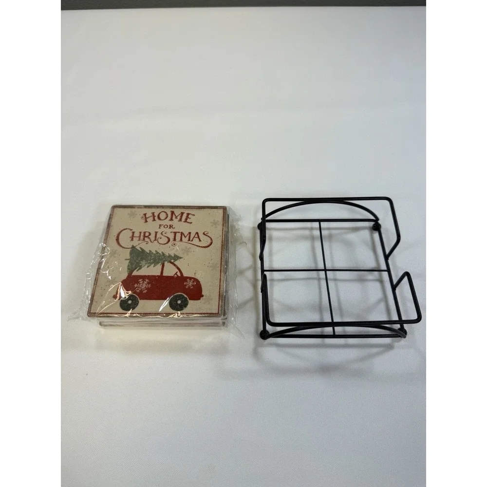 Primitives by Kathy Home for Christmas Absorbent 4pc Square Coasters w/ Holder